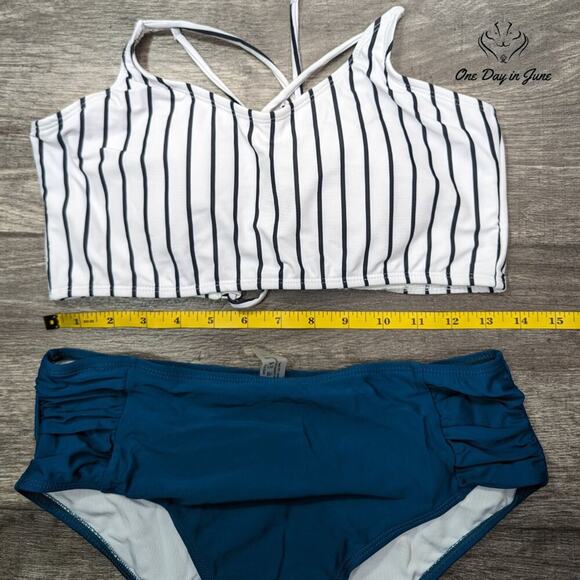 Joau Striped Lace Up Back Bikini Swimsuit Size L - Picture 2 of 3